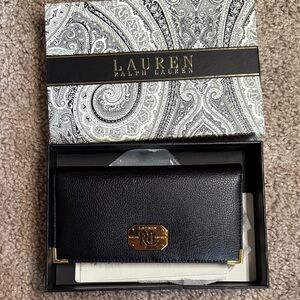 Lauren Ralph Lauren Black Pebble Leather Card Holder with Gold Logo Plate